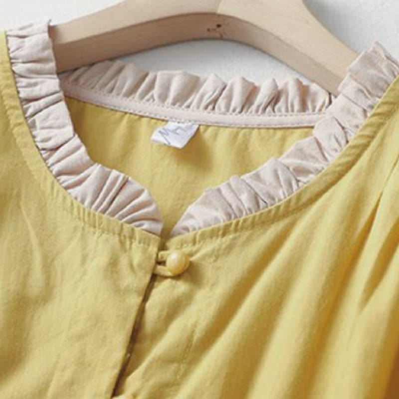 Buddha Stones Lässiges, schlichtes Damen-Hemd aus Baumwollleinen mit Rüschenkragen und Froschknöpfen, Halbarm - image 2