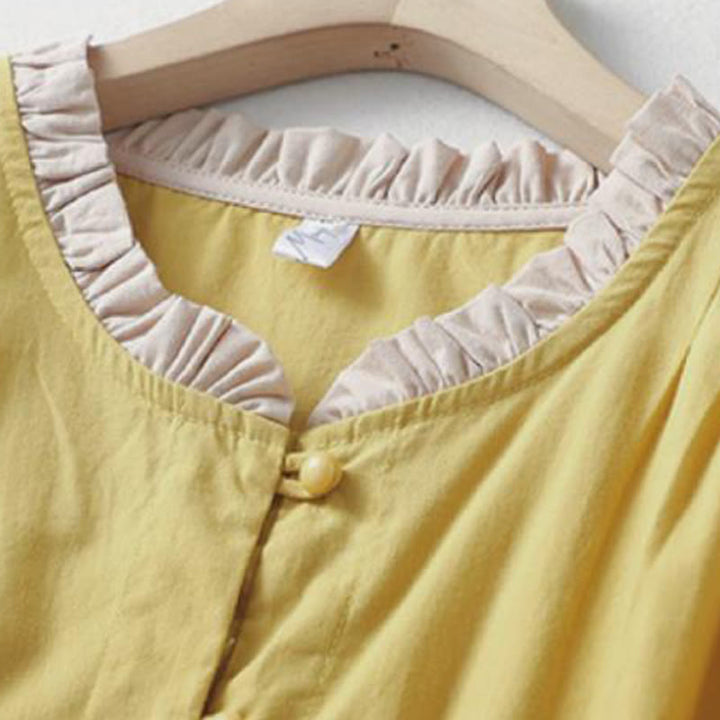 Buddha Stones Lässiges, schlichtes Damen-Hemd aus Baumwollleinen mit Rüschenkragen und Froschknöpfen, Halbarm - image 2