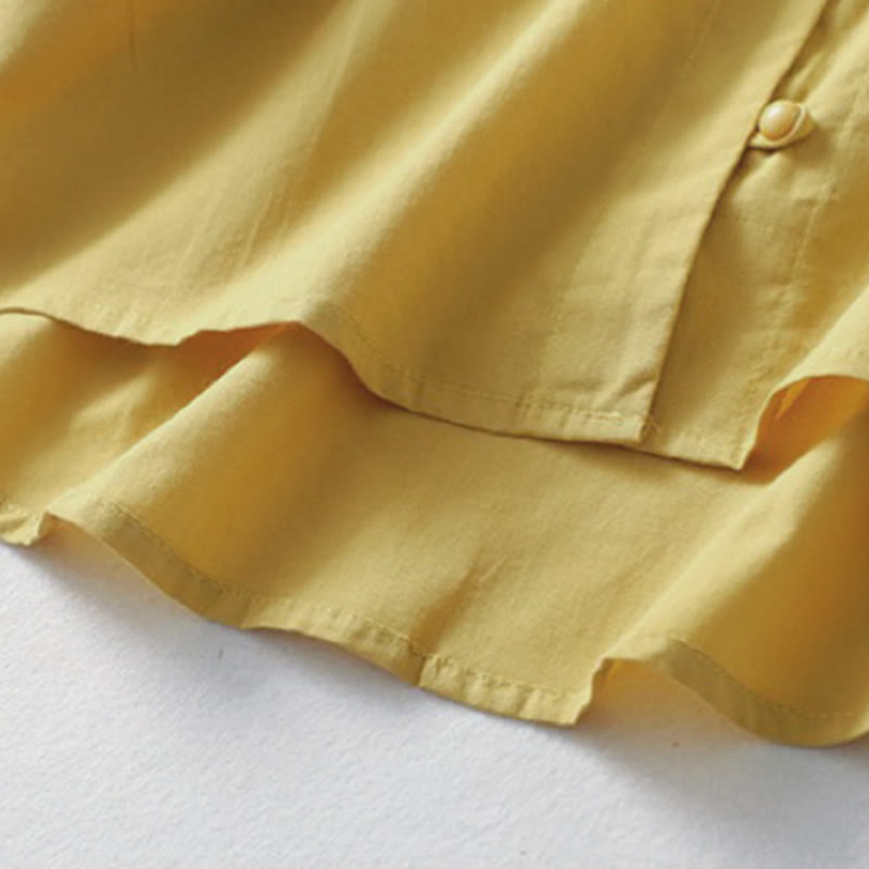 Buddha Stones Lässiges, schlichtes Damen-Hemd aus Baumwollleinen mit Rüschenkragen und Froschknöpfen, Halbarm - image 5