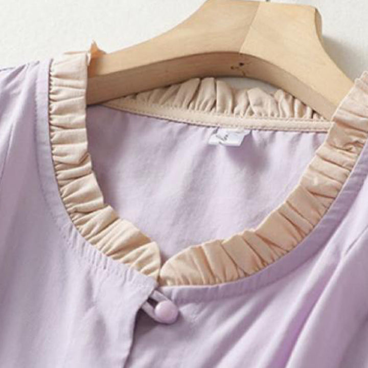 Buddha Stones Lässiges, schlichtes Damen-Hemd aus Baumwollleinen mit Rüschenkragen und Froschknöpfen, Halbarm - image 9