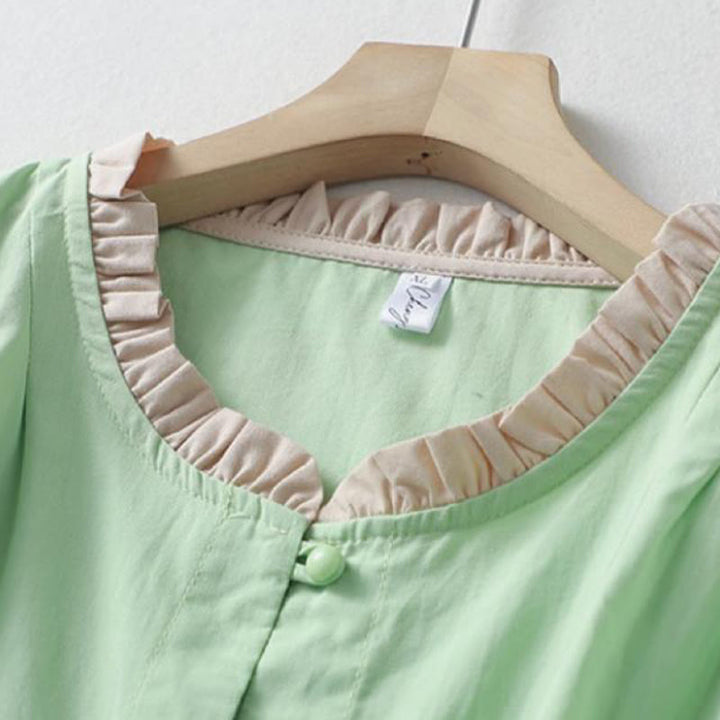 Buddha Stones Lässiges, schlichtes Damen-Hemd aus Baumwollleinen mit Rüschenkragen und Froschknöpfen, Halbarm - image 14