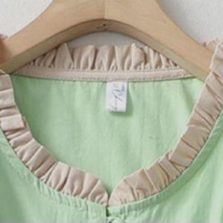 Buddha Stones Lässiges, schlichtes Damen-Hemd aus Baumwollleinen mit Rüschenkragen und Froschknöpfen, Halbarm - image 16