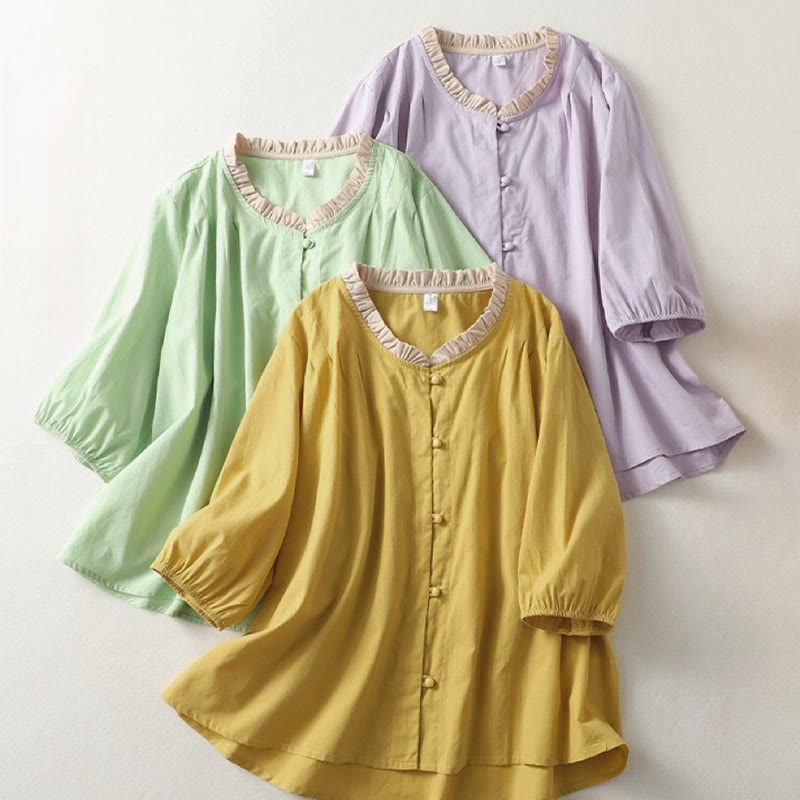 Buddha Stones Lässiges, schlichtes Damen-Hemd aus Baumwollleinen mit Rüschenkragen und Froschknöpfen, Halbarm - image 20