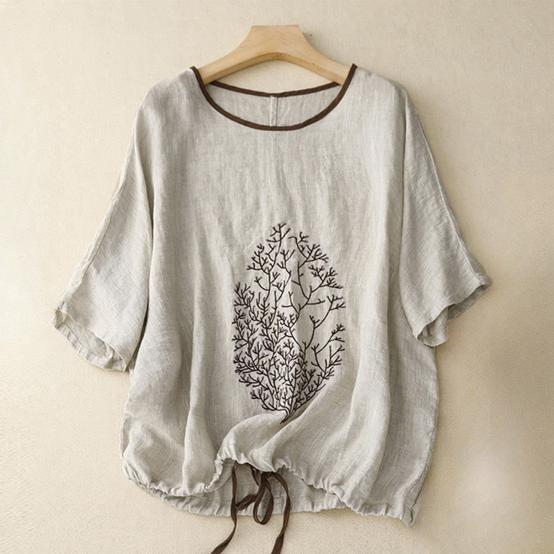 Lässiges Damen-T-Shirt mit Buddha Stones -Stickerei, Baum-Motiv, Kordelzug, Rundhalsausschnitt und halben Ärmeln aus Baumwoll-Leinen-Mischgewebe - Hellgrau - US14, UK/AU18, EU46 (2XL) - image 0