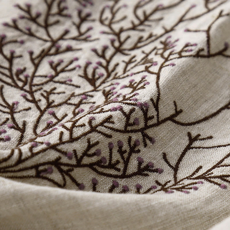 Lässiges T-Shirt aus Baumwolle und Leinen mit Buddha Stones -Stickerei und Kordelzug für Damen, Rundhalsausschnitt, Halbarm