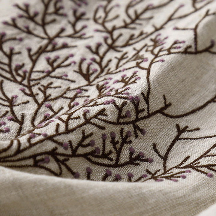 Lässiges T-Shirt aus Baumwolle und Leinen mit Buddha Stones -Stickerei und Kordelzug für Damen, Rundhalsausschnitt, Halbarm