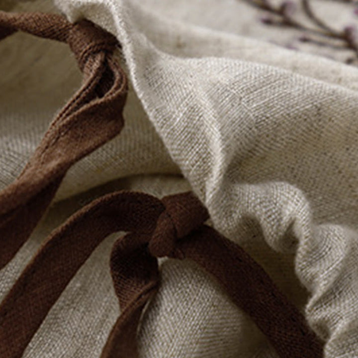 Lässiges T-Shirt aus Baumwolle und Leinen mit Buddha Stones -Stickerei und Kordelzug für Damen, Rundhalsausschnitt, Halbarm