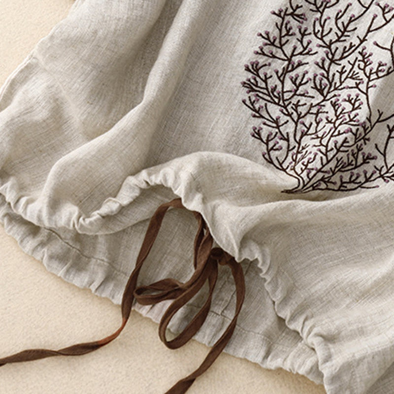 Lässiges T-Shirt aus Baumwolle und Leinen mit Buddha Stones -Stickerei und Kordelzug für Damen, Rundhalsausschnitt, Halbarm