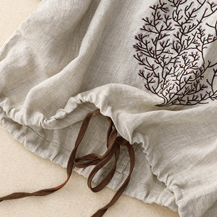 Lässiges T-Shirt aus Baumwolle und Leinen mit Buddha Stones -Stickerei und Kordelzug für Damen, Rundhalsausschnitt, Halbarm