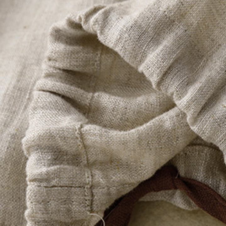 Lässiges T-Shirt aus Baumwolle und Leinen mit Buddha Stones -Stickerei und Kordelzug für Damen, Rundhalsausschnitt, Halbarm