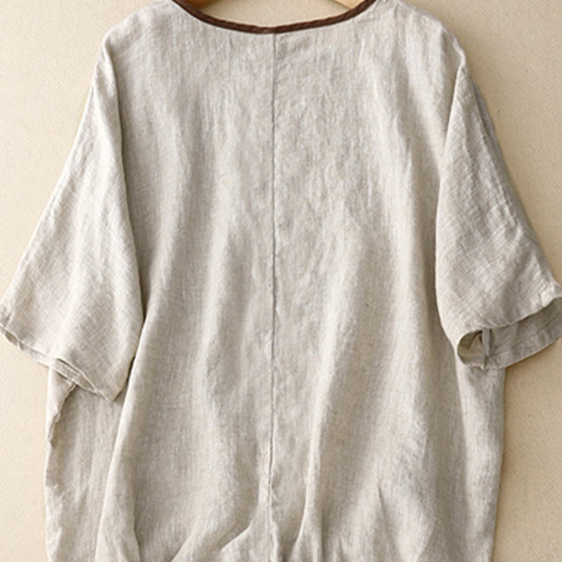 Lässiges T-Shirt aus Baumwolle und Leinen mit Buddha Stones -Stickerei und Kordelzug für Damen, Rundhalsausschnitt, Halbarm