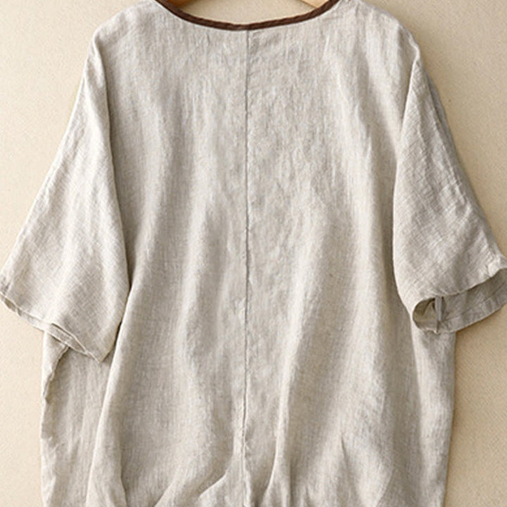 Lässiges T-Shirt aus Baumwolle und Leinen mit Buddha Stones -Stickerei und Kordelzug für Damen, Rundhalsausschnitt, Halbarm