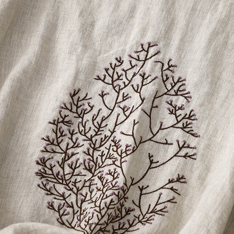 Lässiges Damen-T-Shirt mit Buddha Stones -Stickerei, Baum-Motiv, Kordelzug, Rundhalsausschnitt und halben Ärmeln aus Baumwoll-Leinen-Mischgewebe - image 3