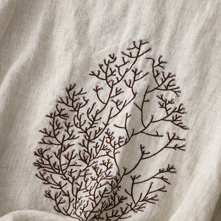 Lässiges Damen-T-Shirt mit Buddha Stones -Stickerei, Baum-Motiv, Kordelzug, Rundhalsausschnitt und halben Ärmeln aus Baumwoll-Leinen-Mischgewebe - image 3
