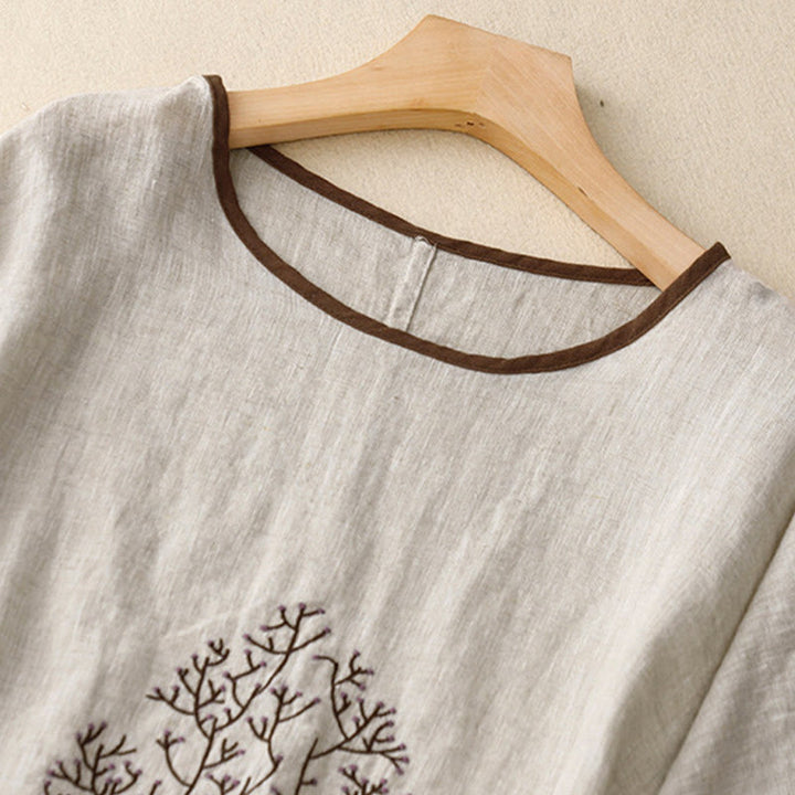 Lässiges T-Shirt aus Baumwolle und Leinen mit Buddha Stones -Stickerei und Kordelzug für Damen, Rundhalsausschnitt, Halbarm