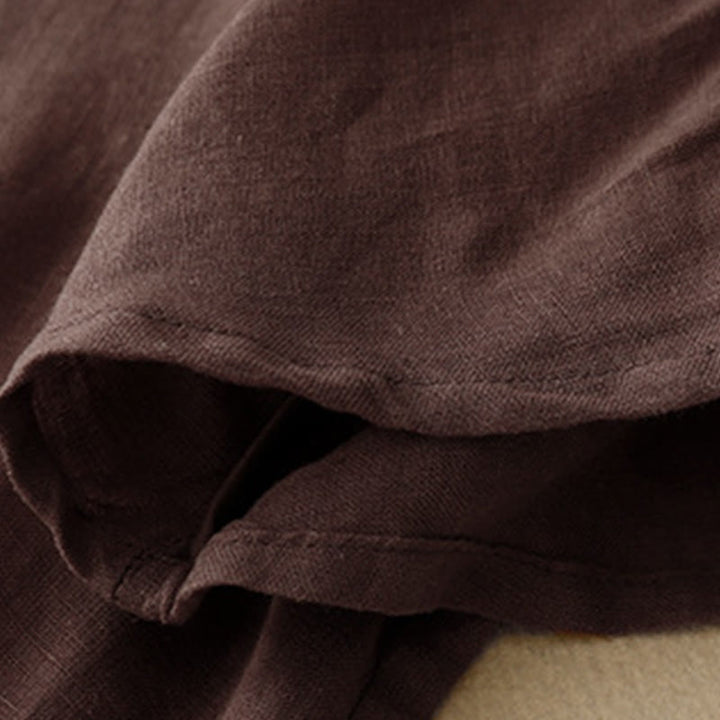 Lässiges T-Shirt aus Baumwolle und Leinen mit Buddha Stones -Stickerei und Kordelzug für Damen, Rundhalsausschnitt, Halbarm