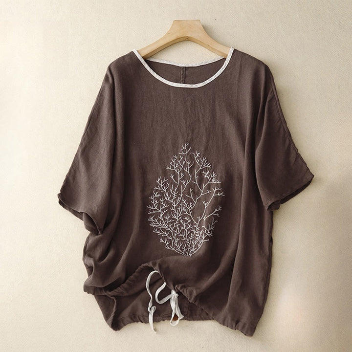 Lässiges Damen-T-Shirt mit Buddha Stones -Stickerei, Baum-Motiv, Kordelzug, Rundhalsausschnitt und halben Ärmeln aus Baumwoll-Leinen-Mischgewebe - Sattelbraun - US14, UK/AU18, EU46 (2XL) - image 10