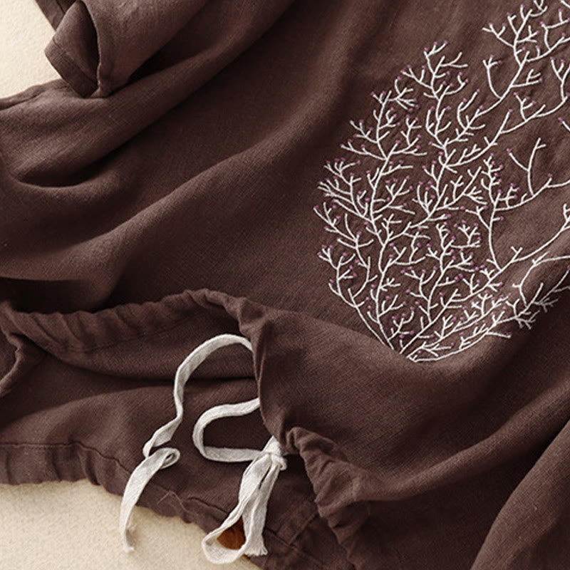 Lässiges T-Shirt aus Baumwolle und Leinen mit Buddha Stones -Stickerei und Kordelzug für Damen, Rundhalsausschnitt, Halbarm