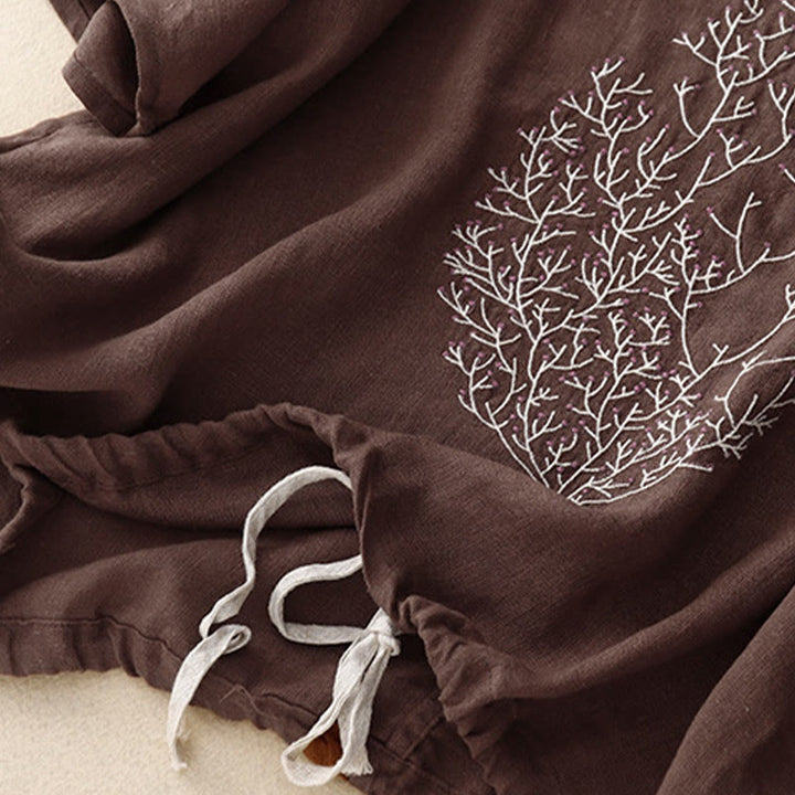 Lässiges T-Shirt aus Baumwolle und Leinen mit Buddha Stones -Stickerei und Kordelzug für Damen, Rundhalsausschnitt, Halbarm