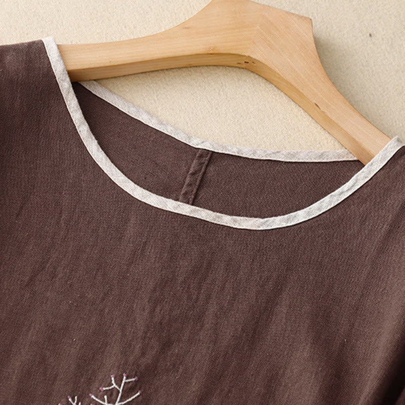 Lässiges Damen-T-Shirt mit Buddha Stones -Stickerei, Baum-Motiv, Kordelzug, Rundhalsausschnitt und halben Ärmeln aus Baumwoll-Leinen-Mischgewebe - image 11