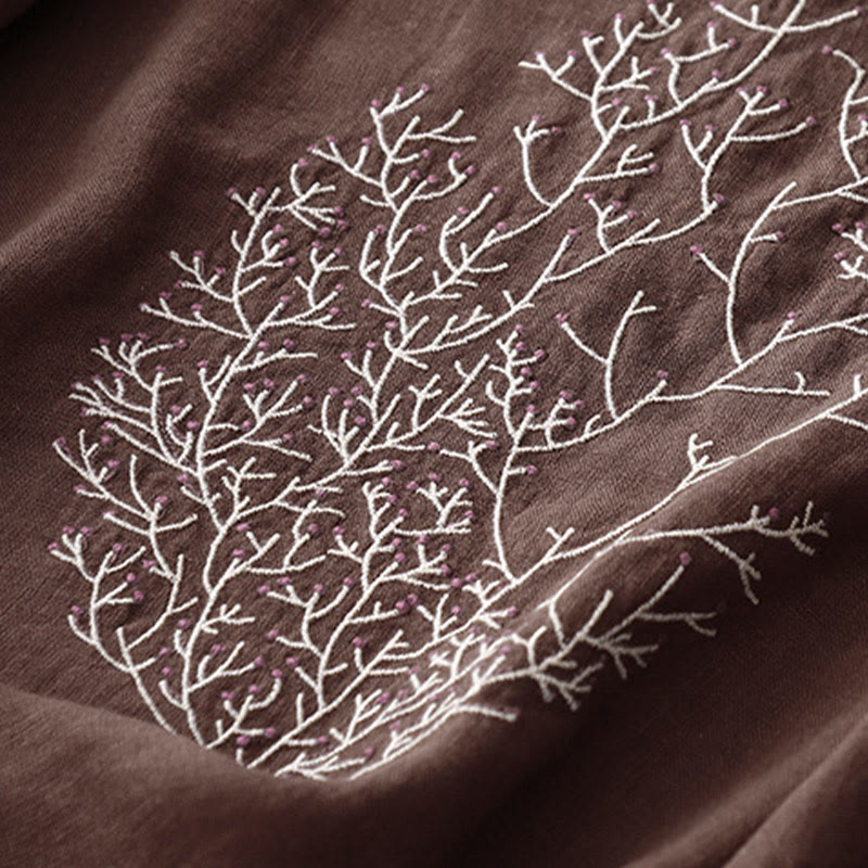 Lässiges T-Shirt aus Baumwolle und Leinen mit Buddha Stones -Stickerei und Kordelzug für Damen, Rundhalsausschnitt, Halbarm