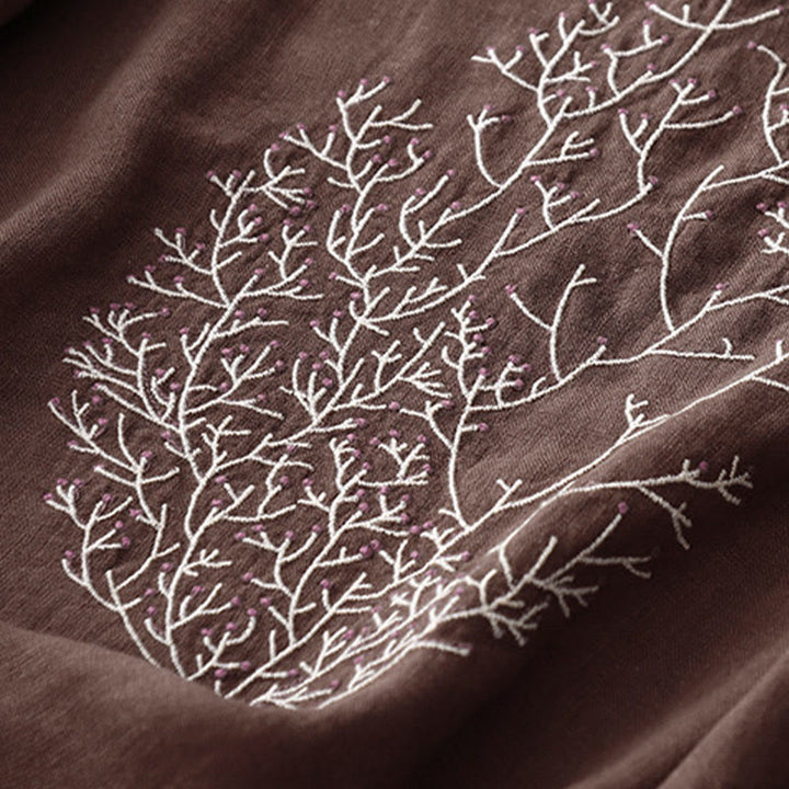 Lässiges T-Shirt aus Baumwolle und Leinen mit Buddha Stones -Stickerei und Kordelzug für Damen, Rundhalsausschnitt, Halbarm