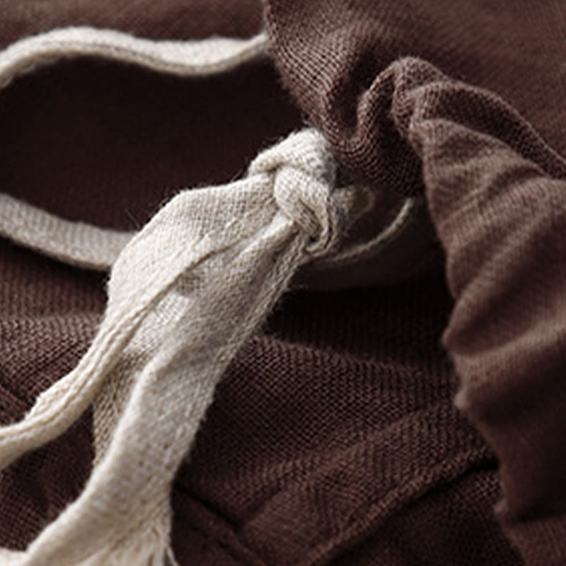 Lässiges T-Shirt aus Baumwolle und Leinen mit Buddha Stones -Stickerei und Kordelzug für Damen, Rundhalsausschnitt, Halbarm