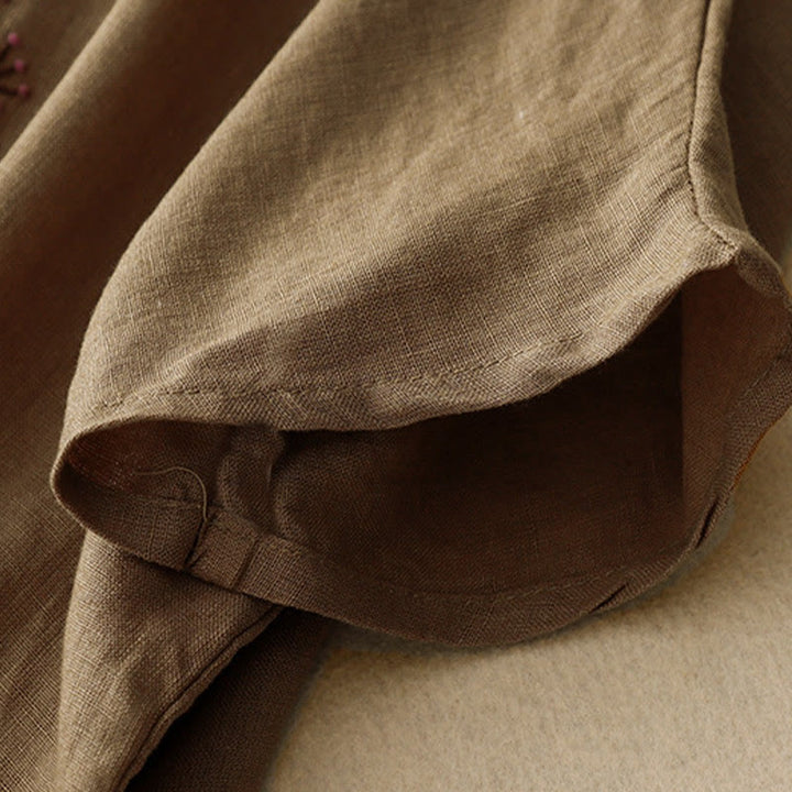 Lässiges T-Shirt aus Baumwolle und Leinen mit Buddha Stones -Stickerei und Kordelzug für Damen, Rundhalsausschnitt, Halbarm