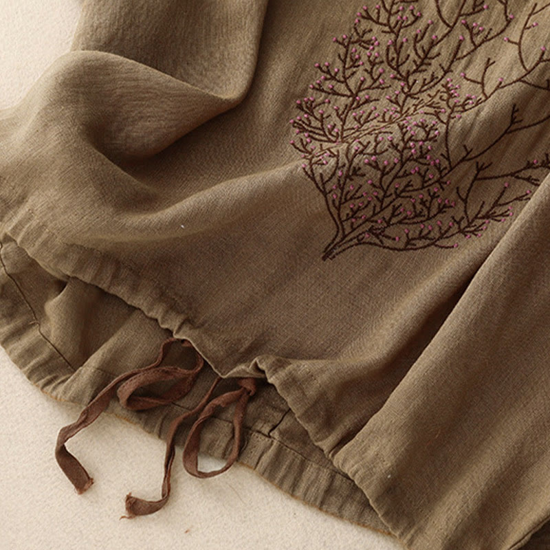 Lässiges T-Shirt aus Baumwolle und Leinen mit Buddha Stones -Stickerei und Kordelzug für Damen, Rundhalsausschnitt, Halbarm