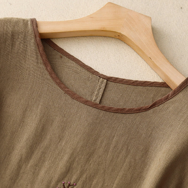 Lässiges T-Shirt aus Baumwolle und Leinen mit Buddha Stones -Stickerei und Kordelzug für Damen, Rundhalsausschnitt, Halbarm