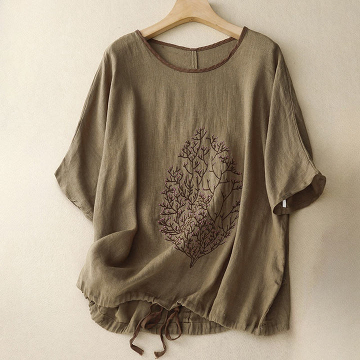 Lässiges Damen-T-Shirt mit Buddha Stones -Stickerei, Baum-Motiv, Kordelzug, Rundhalsausschnitt und halben Ärmeln aus Baumwoll-Leinen-Mischgewebe - Olive - US14, UK/AU18, EU46 (2XL) - image 16