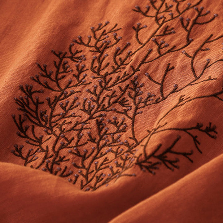 Lässiges T-Shirt aus Baumwolle und Leinen mit Buddha Stones -Stickerei und Kordelzug für Damen, Rundhalsausschnitt, Halbarm