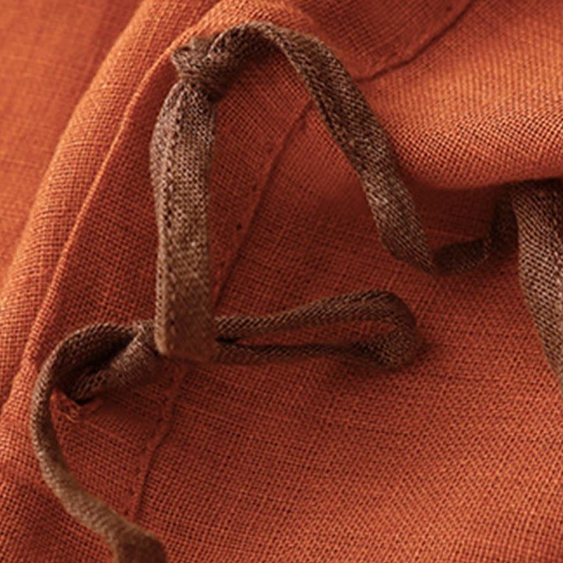 Lässiges T-Shirt aus Baumwolle und Leinen mit Buddha Stones -Stickerei und Kordelzug für Damen, Rundhalsausschnitt, Halbarm