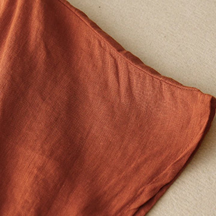 Lässiges T-Shirt aus Baumwolle und Leinen mit Buddha Stones -Stickerei und Kordelzug für Damen, Rundhalsausschnitt, Halbarm