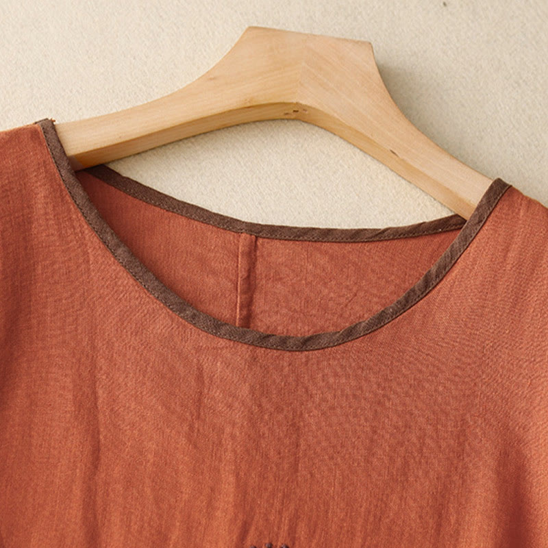 Lässiges T-Shirt aus Baumwolle und Leinen mit Buddha Stones -Stickerei und Kordelzug für Damen, Rundhalsausschnitt, Halbarm