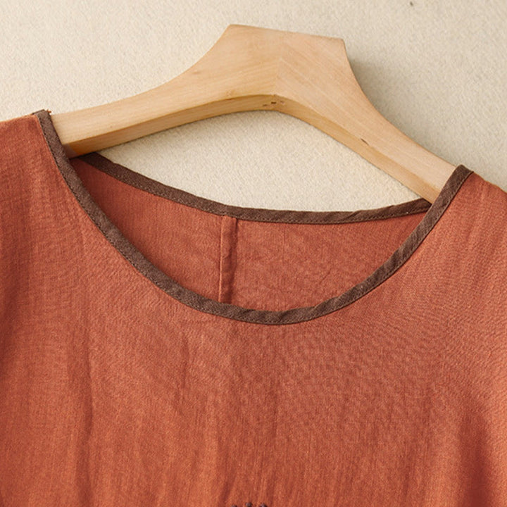 Lässiges T-Shirt aus Baumwolle und Leinen mit Buddha Stones -Stickerei und Kordelzug für Damen, Rundhalsausschnitt, Halbarm