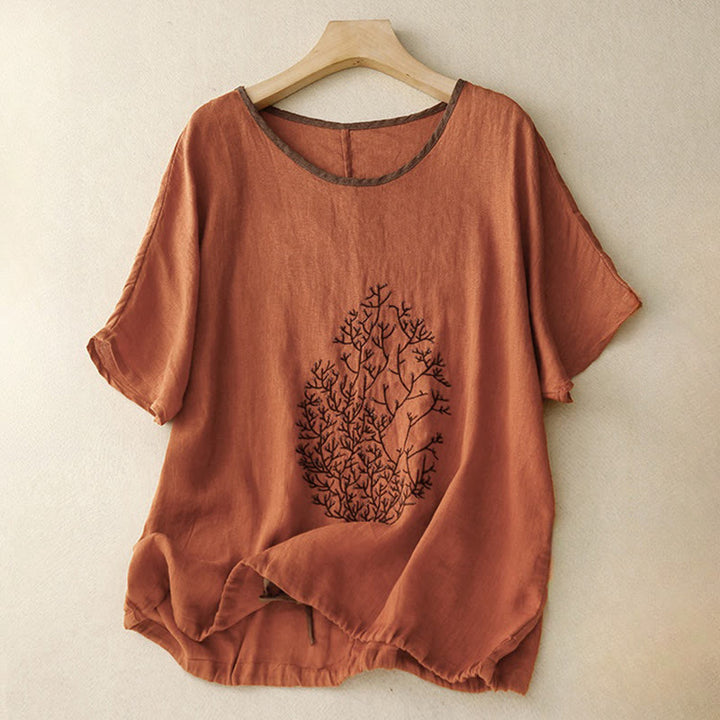 Lässiges Damen-T-Shirt mit Buddha Stones -Stickerei, Baum-Motiv, Kordelzug, Rundhalsausschnitt und halben Ärmeln aus Baumwoll-Leinen-Mischgewebe - Schokolade - US14, UK/AU18, EU46 (2XL) - image 21