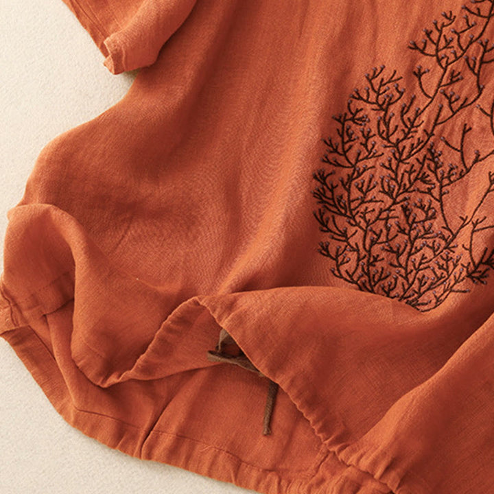 Lässiges T-Shirt aus Baumwolle und Leinen mit Buddha Stones -Stickerei und Kordelzug für Damen, Rundhalsausschnitt, Halbarm