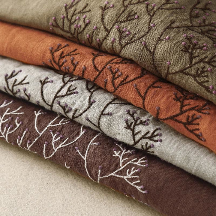 Lässiges T-Shirt aus Baumwolle und Leinen mit Buddha Stones -Stickerei und Kordelzug für Damen, Rundhalsausschnitt, Halbarm