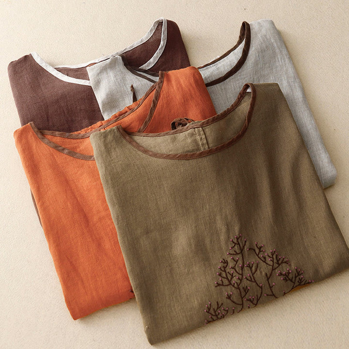 Lässiges T-Shirt aus Baumwolle und Leinen mit Buddha Stones -Stickerei und Kordelzug für Damen, Rundhalsausschnitt, Halbarm