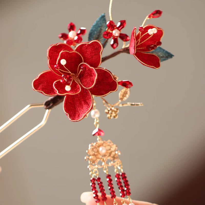Buddha Stones Klassischen Chinesischen Stil Rote Blume Schmetterling Quaste Haar Kamm Haarnadel