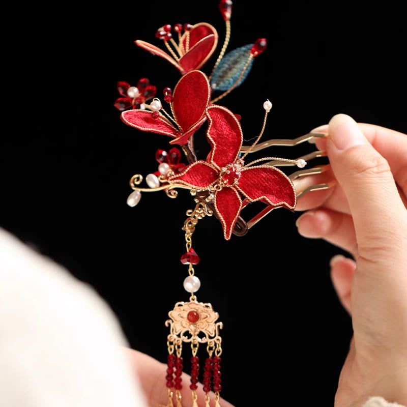 Buddha Stones Klassischen Chinesischen Stil Rote Blume Schmetterling Quaste Haar Kamm Haarnadel