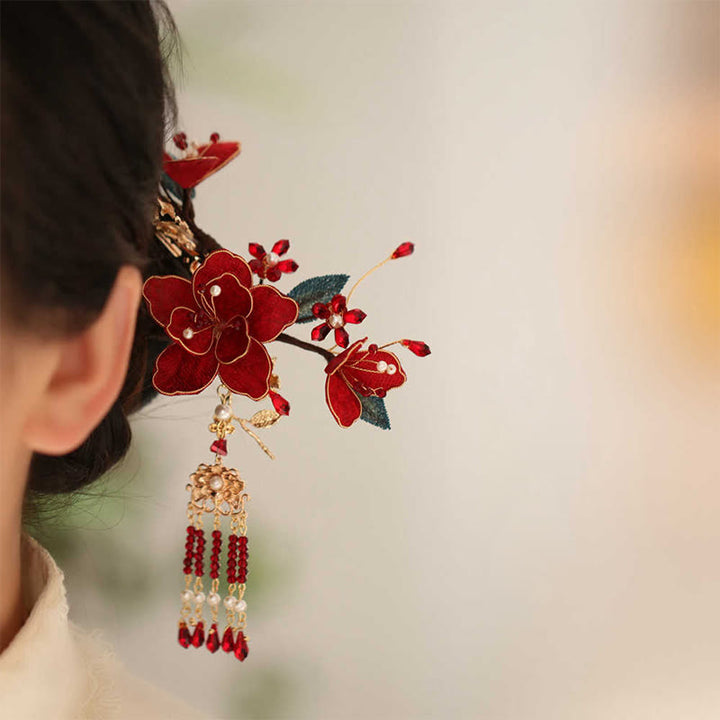 Buddha Stones Klassischen Chinesischen Stil Rote Blume Schmetterling Quaste Haar Kamm Haarnadel