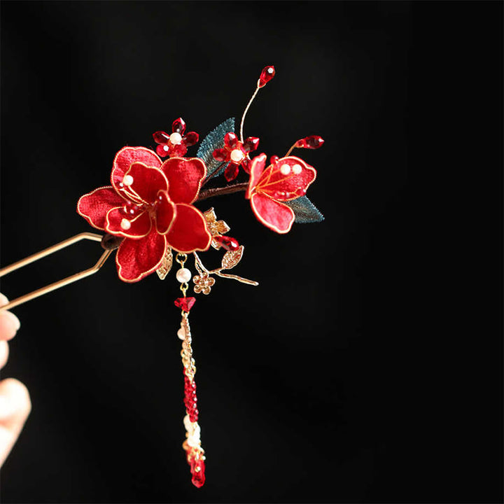 Buddha Stones Klassischen Chinesischen Stil Rote Blume Schmetterling Quaste Haar Kamm Haarnadel