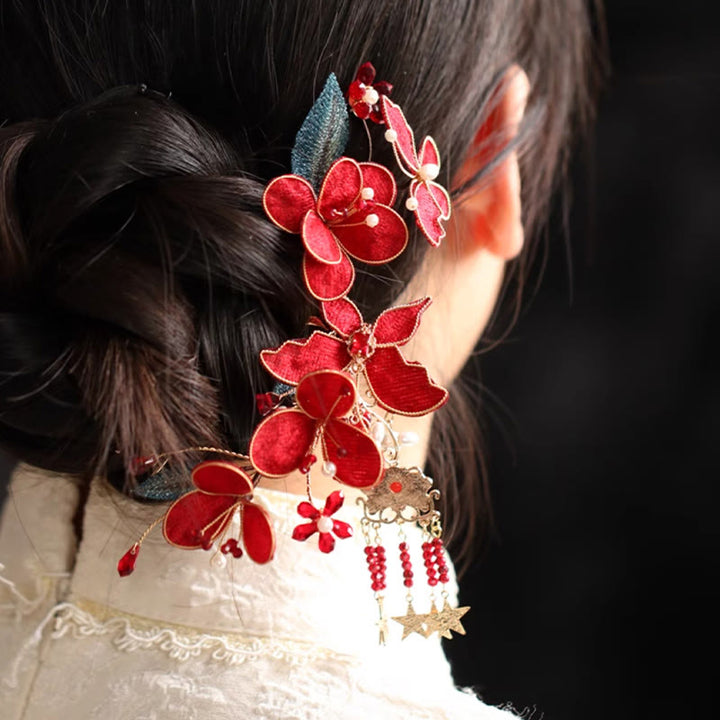 Buddha Stones Klassischen Chinesischen Stil Rote Blume Schmetterling Quaste Haar Kamm Haarnadel