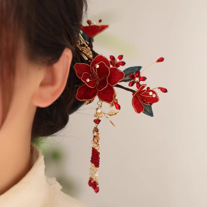 Buddha Stones Klassischen Chinesischen Stil Rote Blume Schmetterling Quaste Haar Kamm Haarnadel