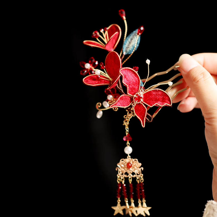 Buddha Stones Klassischen Chinesischen Stil Rote Blume Schmetterling Quaste Haar Kamm Haarnadel