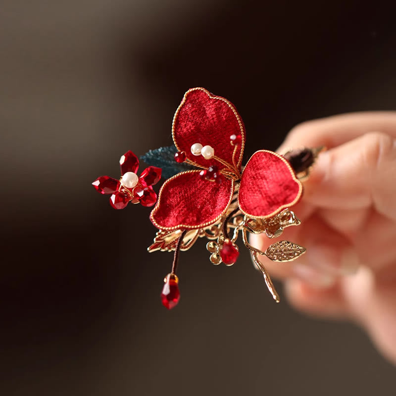 Buddha Stones Klassischen Chinesischen Stil Rote Blume Schmetterling Quaste Haar Kamm Haarnadel