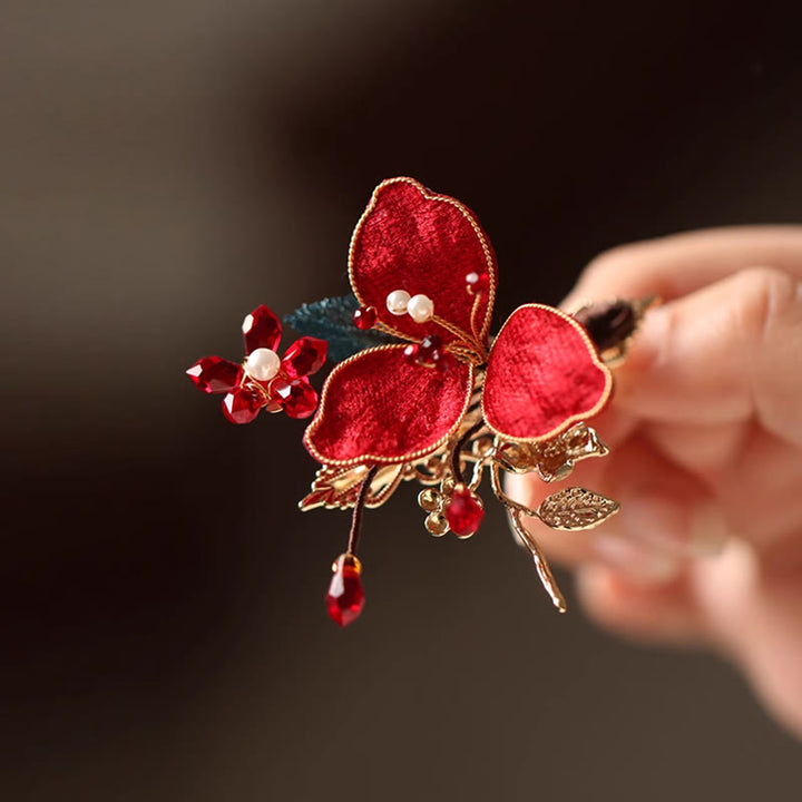 Buddha Stones Klassischen Chinesischen Stil Rote Blume Schmetterling Quaste Haar Kamm Haarnadel