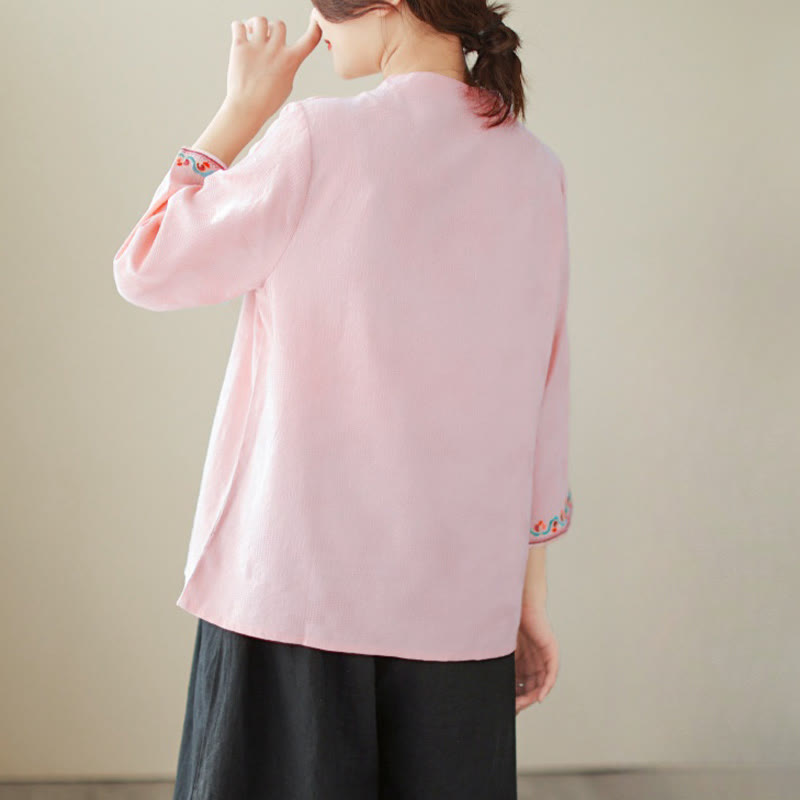 Buddha Stones Lässiges Jacquard-Hemd mit Froschknöpfen für Damen, Rundhalsausschnitt, Dreiviertelärmel, Baumwollleinen - image 29